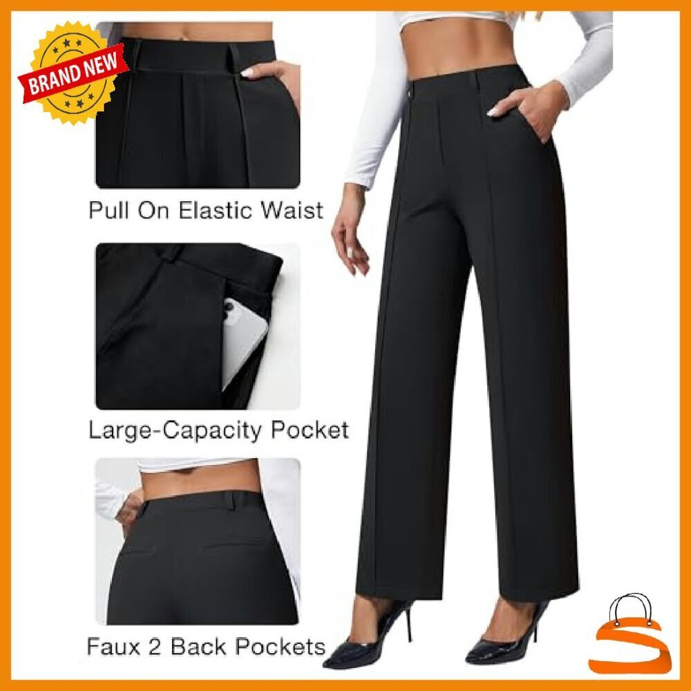 Women's Wide Leg Pull On Stretchy Dress Pants High Waisted Work Trousers - Picture 6 of 8